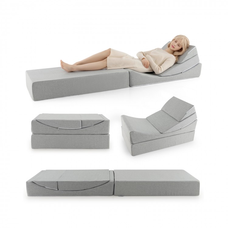 Convertible 4-in-1 folding sofa bed in gray with high-density foam, ideal for living room or outdoor use.