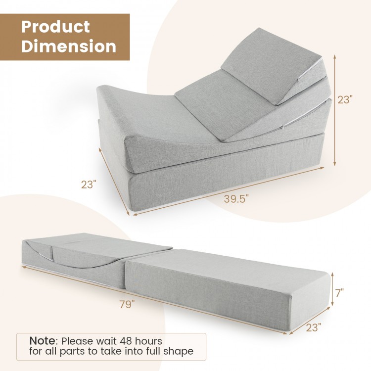 Convertible folding sofa bed in gray with high-density foam, showcasing dimensions for versatile use in living rooms or.