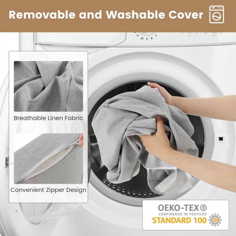 Gray removable cover of the 4-in-1 convertible folding sofa bed being washed, featuring breathable linen fabric and.