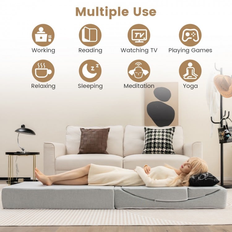 4-in-1 convertible folding sofa bed in gray, designed for comfort and versatility in living rooms or dorms.