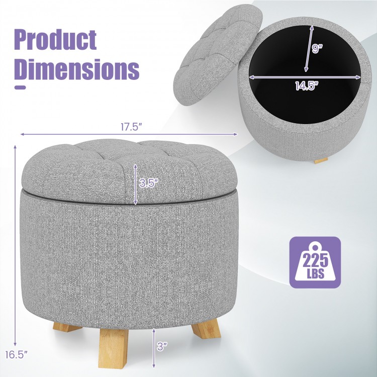 Round gray upholstered ottoman with solid rubber feet, featuring 6.5-gallon storage and cushioned seat for versatile.