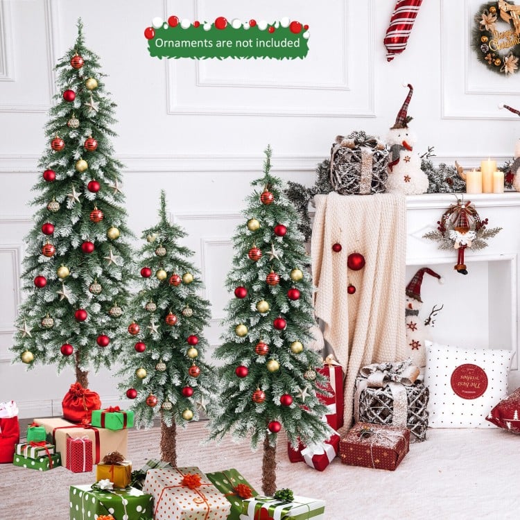 Pre-lit snowy slim Christmas tree set of 3 with warm white LED lights, perfect for festive home decoration.