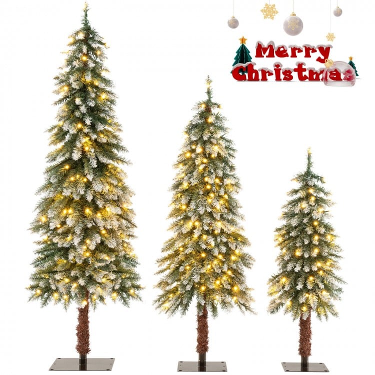 Set of 3 pre-lit snowy Christmas trees with warm white LED lights, perfect for festive home or office decoration.