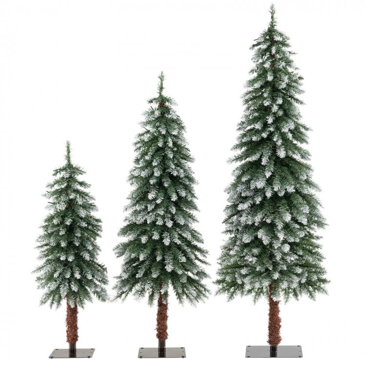 Set of 3 pre-lit snowy Christmas trees with slim design, featuring 50, 100, and 150 LED lights for festive decor.