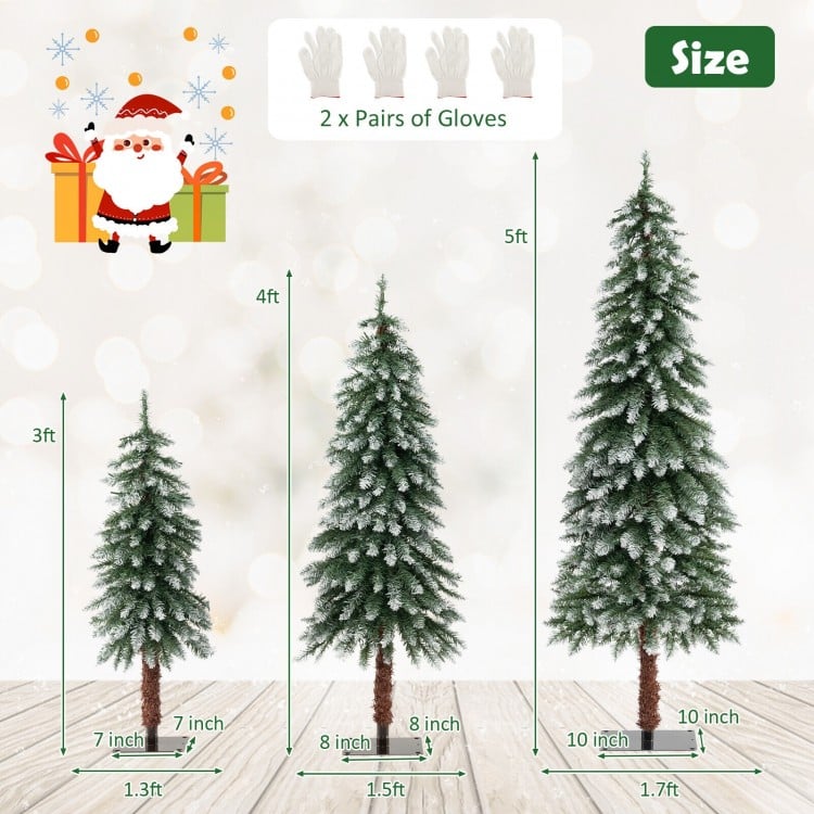 Set of 3 pre-lit snowy Christmas trees with 50, 100, and 150 LED lights, perfect for festive home decoration.