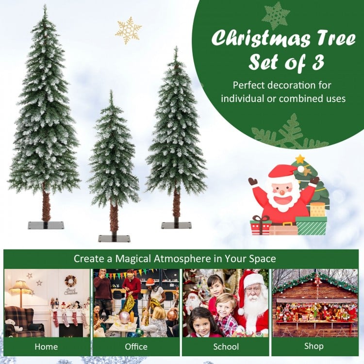Pre-lit snowy Christmas tree set of 3 with 50, 100, and 150 LED lights, perfect for home or office decoration.