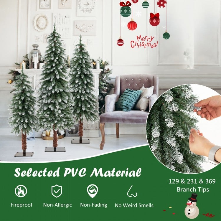 Snowy slim pre-lit Christmas tree set of 3 with 129, 231, and 369 branch tips for festive home decoration.