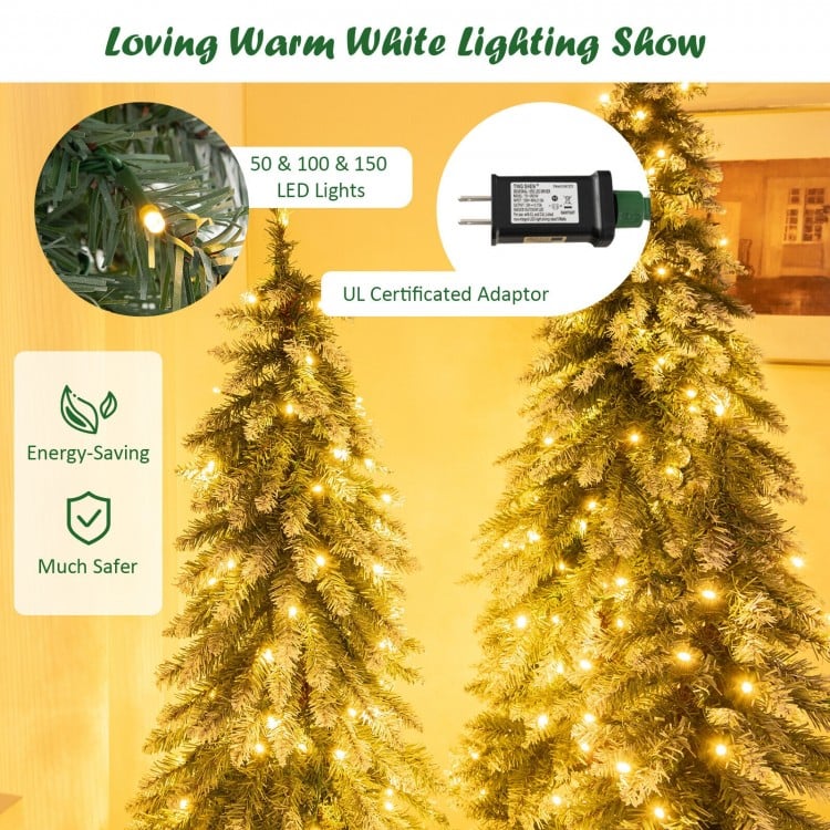 Pre-lit Christmas tree set of 3 with warm white LED lights, snowy branches, and a slim design for space-saving.