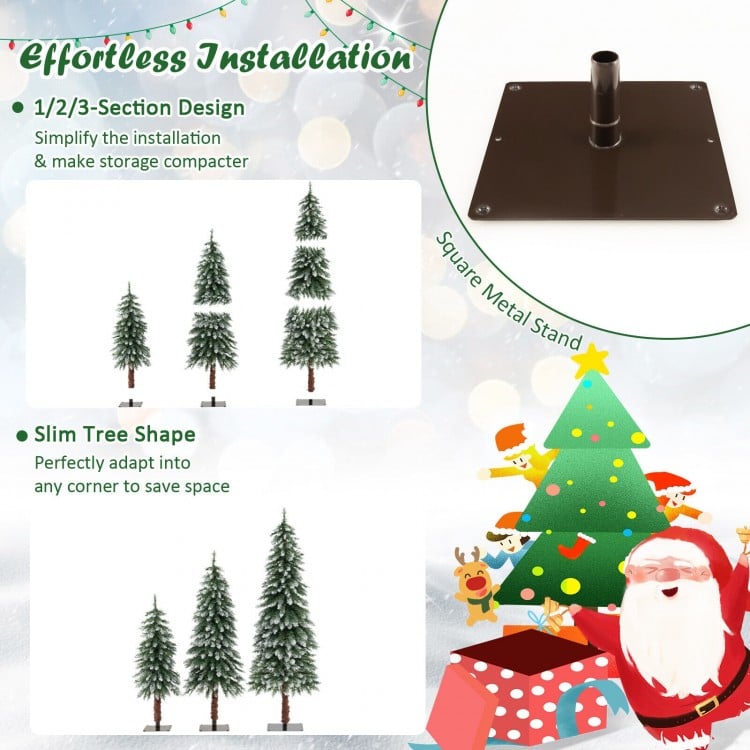 Slim pre-lit Christmas tree set of 3 with snowy branches, featuring a square metal stand for stable display.