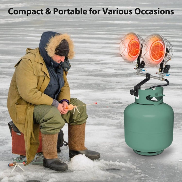 Dual head outdoor heater with 30000 BTU, portable design for camping and fishing, shown in use on ice.
