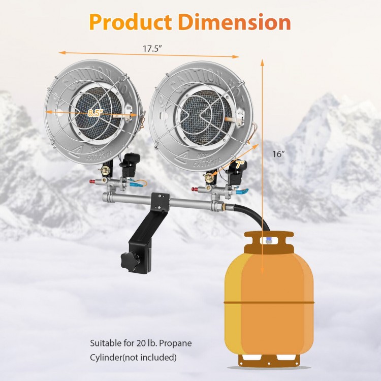 Dual head outdoor heater dimensions showing 30000 BTU capacity, suitable for 20 lb. propane cylinder, ideal for outdoor.