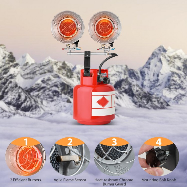 Dual head outdoor heater with 30000 BTU, featuring heat-resistant chrome guard and portable propane tank for camping.