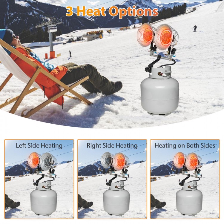 Dual head outdoor heater with 30000 BTU, featuring three heat options for efficient warmth in outdoor settings.