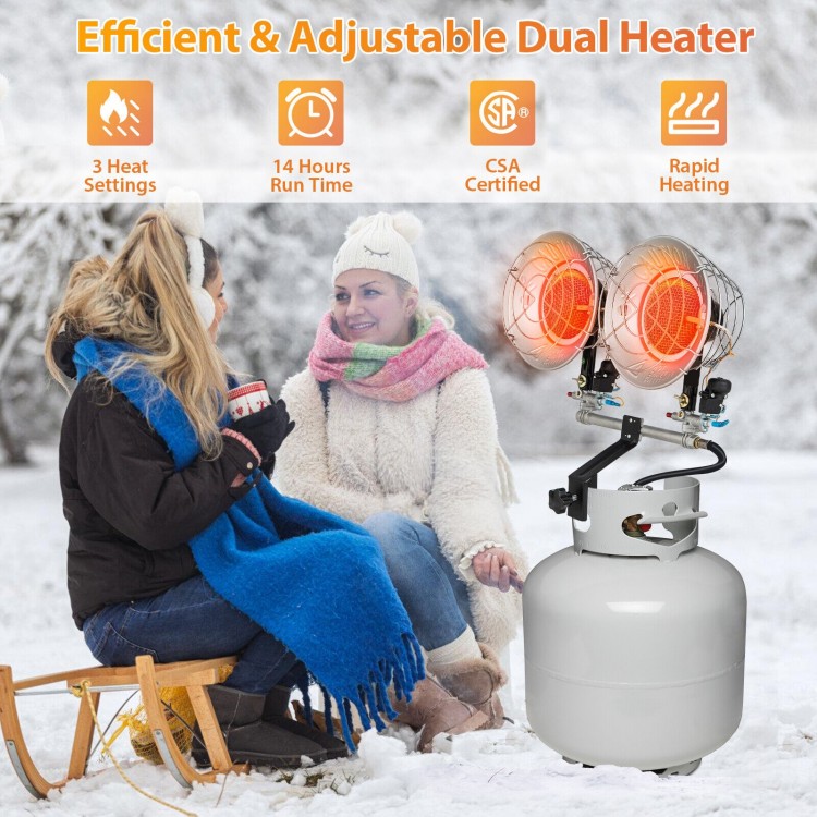 Dual head outdoor heater with 30000 BTU, adjustable heat settings, and portable design for camping and outdoor use.