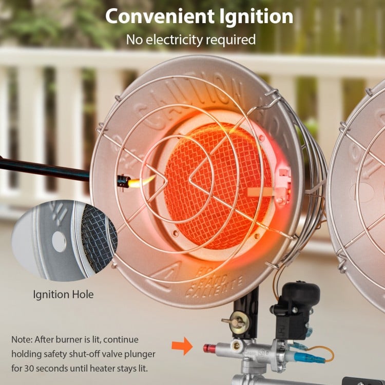 Close-up of the ignition hole on the 30000 BTU dual head outdoor heater, designed for easy match ignition without.