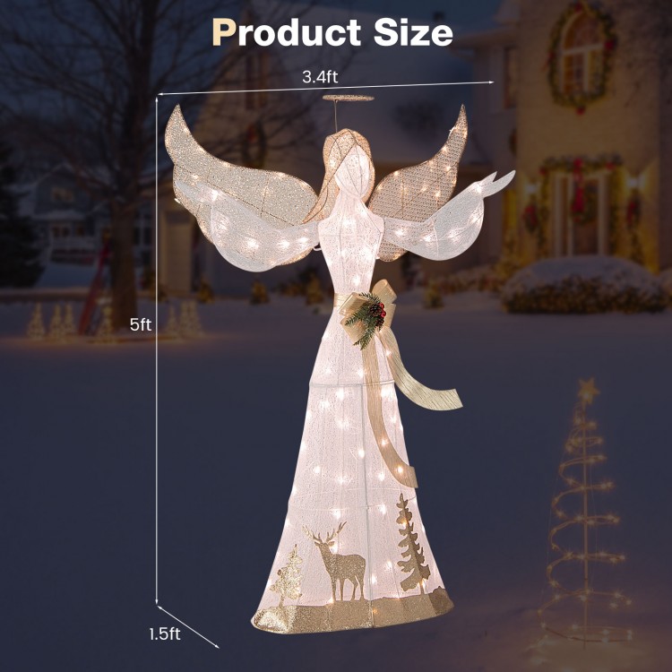 3D glittered Christmas angel decoration, 5 feet tall, with 100 warm white lights, perfect for festive outdoor displays.