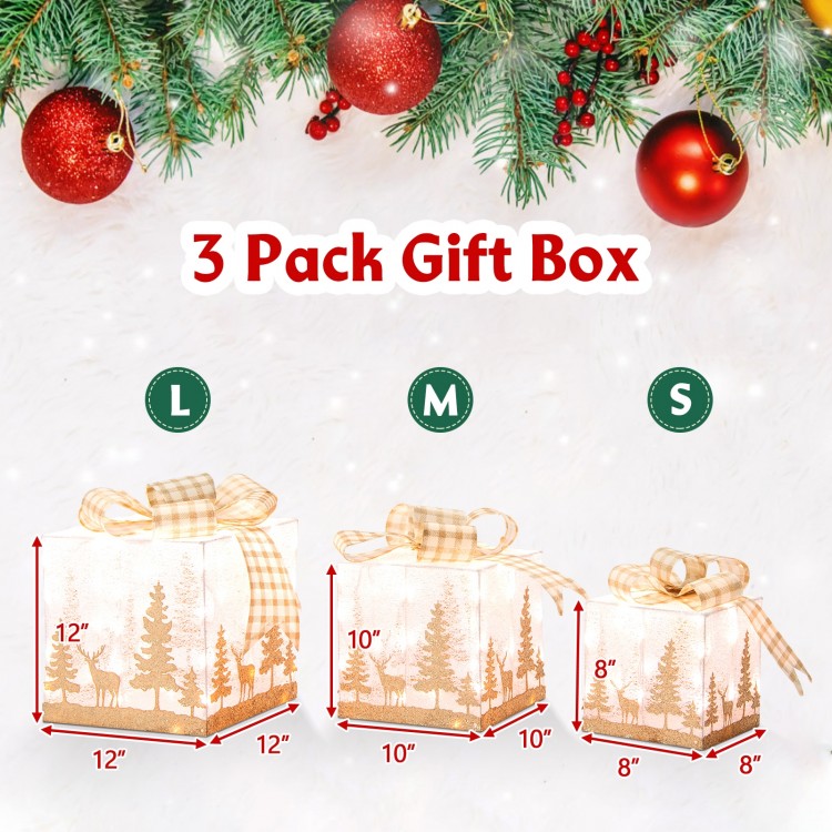 Set of 3 lighted Christmas gift boxes in various sizes, featuring warm white lights and weatherproof material for.