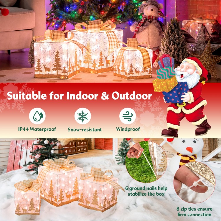 Lighted Christmas gift box set with 100 warm white lights, weatherproof for indoor and outdoor holiday decor.