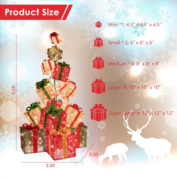 Stacked lighted Christmas gift box tower with 15 boxes, 450 warm white lights, perfect for festive decoration.