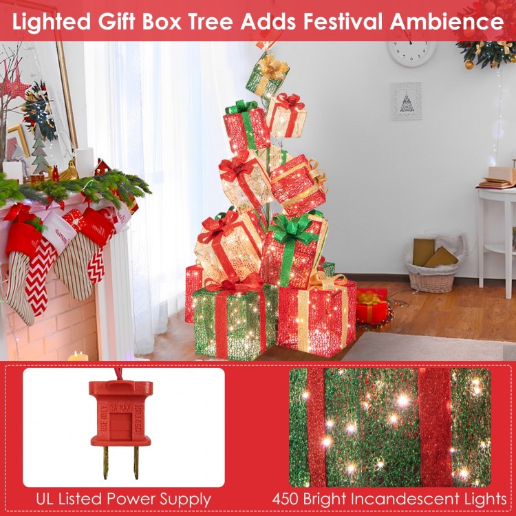 Stacked lighted Christmas gift box tower with 450 warm white lights, perfect for festive decoration and ambiance.