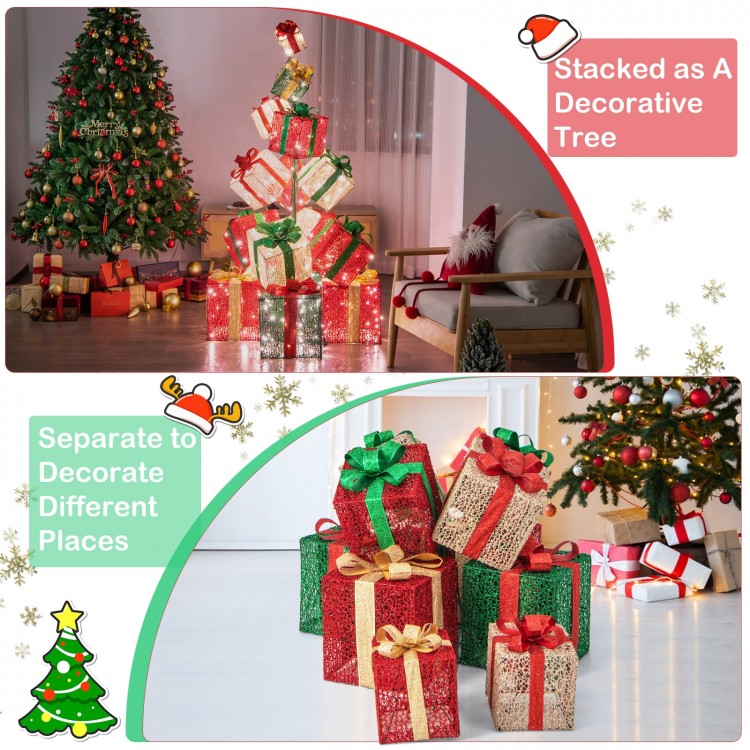 Lighted Christmas gift box tower with 15 boxes in red and green, perfect for festive decoration indoors or outdoors.