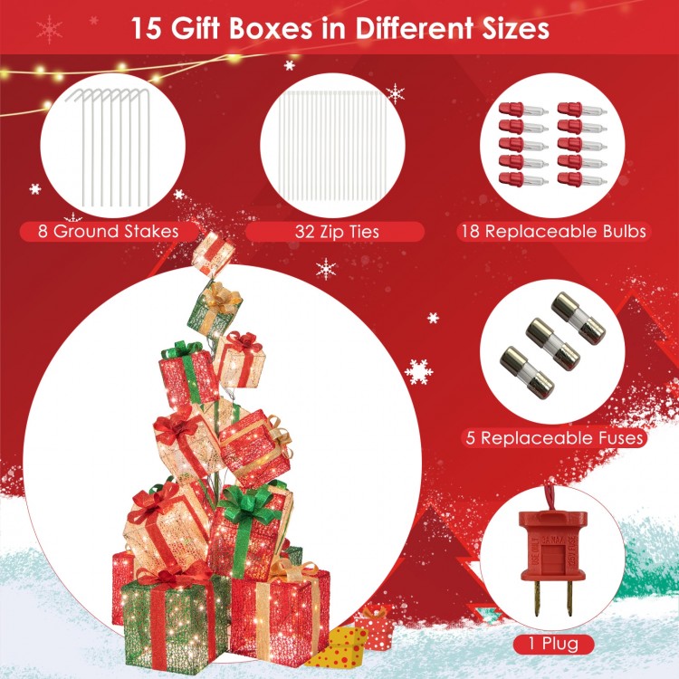 15 lighted Christmas gift boxes stacked in a tower, featuring a solid metal support frame and vibrant bows for festive.
