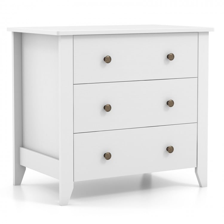 Three-drawer white dresser chest with bronze knobs, perfect for bedroom storage and modern decor.