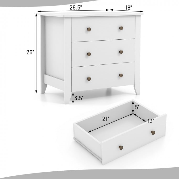 3-drawer white dresser chest with smooth surface and raised legs for easy cleaning, ideal for bedroom storage.