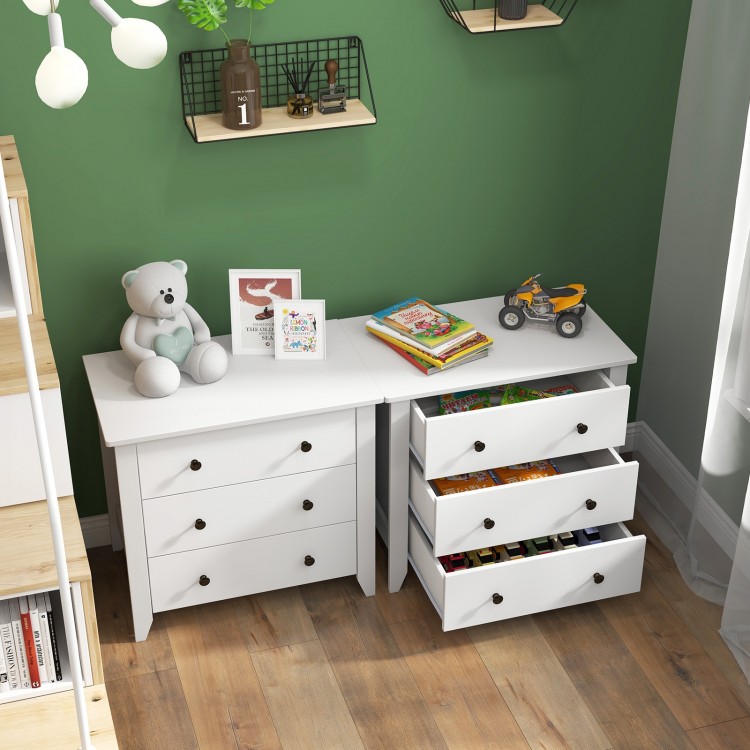 Three-drawer white dresser chest with a smooth surface, perfect for bedroom storage and easy access to essentials.