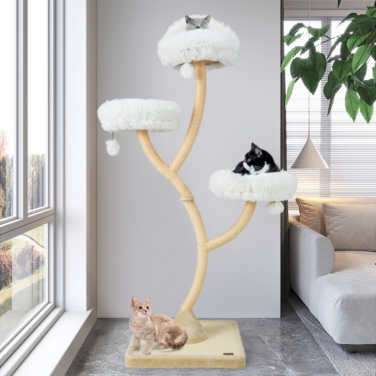 Tall beige cat tree with three cozy perches, dangling balls, and sturdy sisal scratching posts for playful lounging.