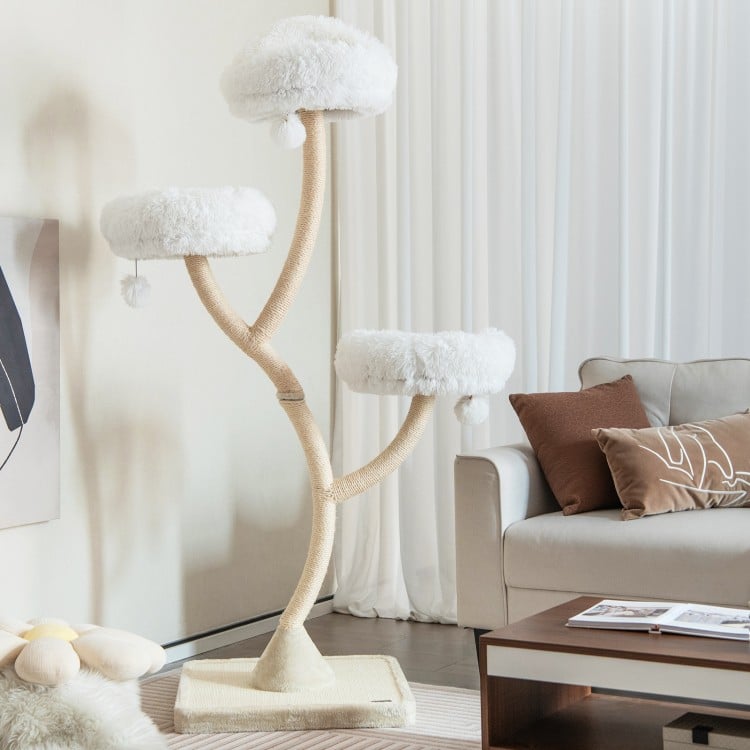 Tall beige cat tree with three soft perches, dangling balls, and sturdy base for comfortable lounging and scratching.