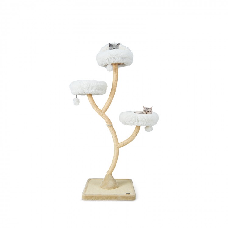 Cat tree with three soft perches and dangling balls, designed for comfort and play, perfect for home decor.