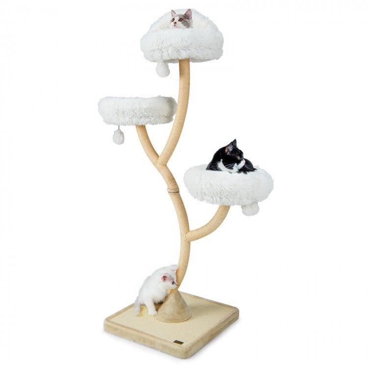 Three soft perches on a 70-inch tall beige cat tree with dangling balls, perfect for lounging and observing.
