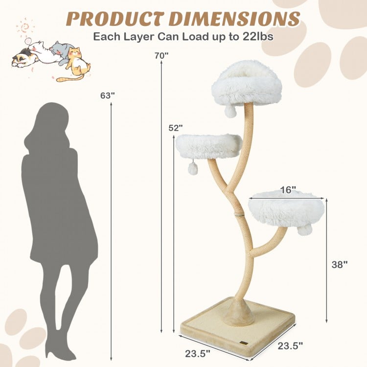 70-inch tall beige cat tree with 3 perches, dangling balls, and stable base for comfortable lounging and scratching.