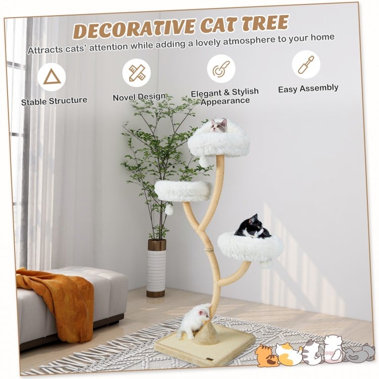 70-inch tall beige cat tree with 3 perches, dangling balls, and a stable base for comfortable lounging and play.