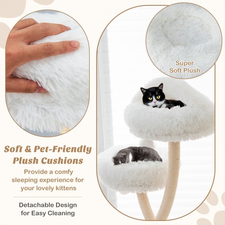 Cozy top perch of the 70-inch tall cat tree with soft plush cushions for comfortable lounging and napping.