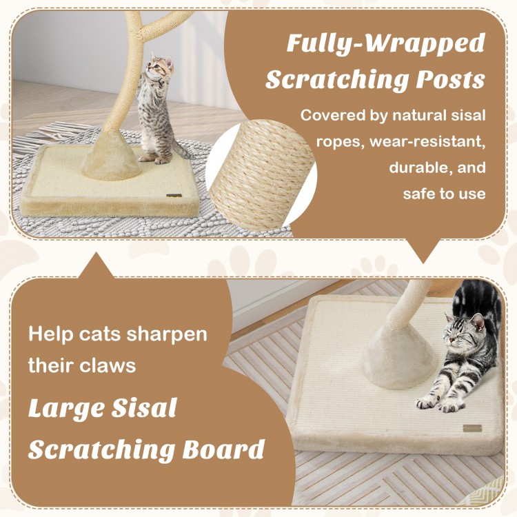 70-inch tall cat tree with 3 perches, dangling balls, and sisal scratching posts for playful and cozy lounging.