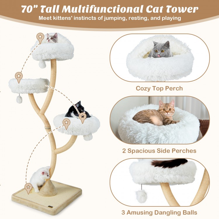 70-inch tall beige cat tree featuring a cozy top perch, two side perches, and three dangling balls for playful lounging.