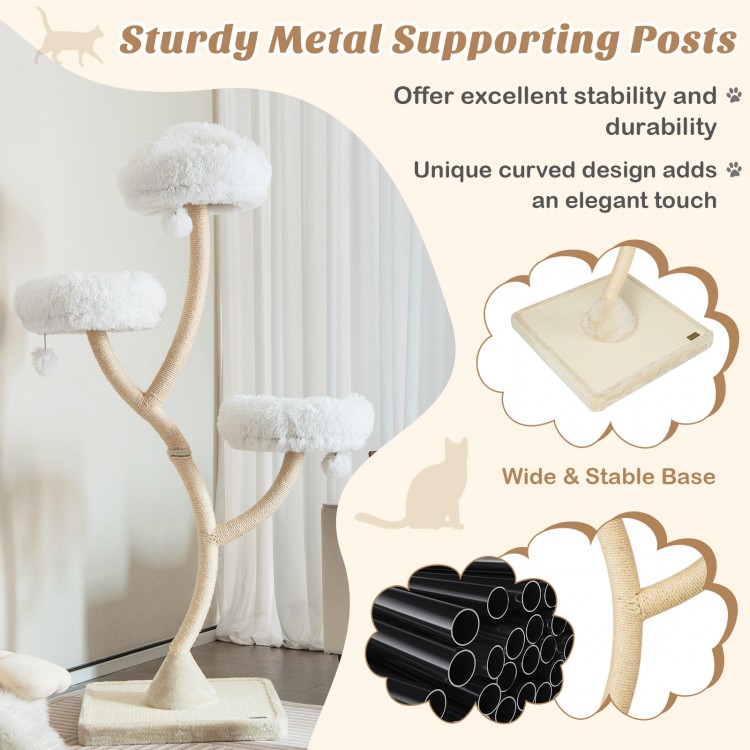 70-inch tall cat tree with 3 soft perches, sturdy metal frame, and wide base for stability in beige color.
