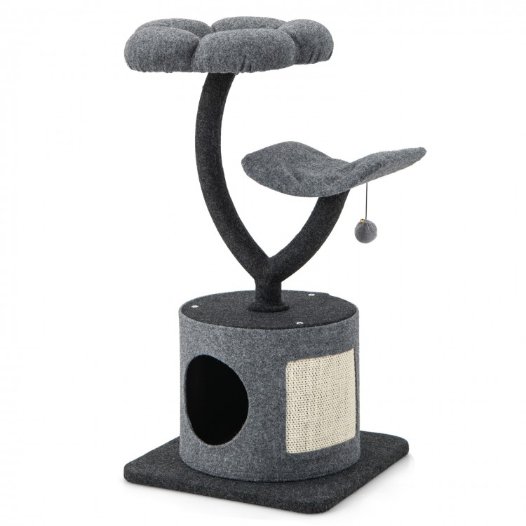 Cat tree featuring a cozy top perch, curved design, and sisal scratching board for playful lounging and scratching.