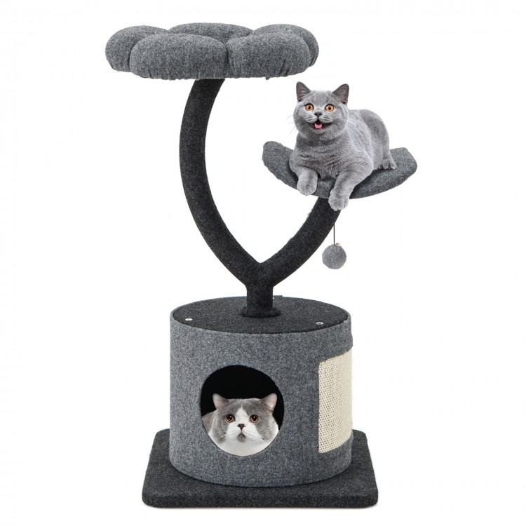 Cat tree featuring a cozy top perch, private condo, and sisal scratching board for playful and relaxed cats.