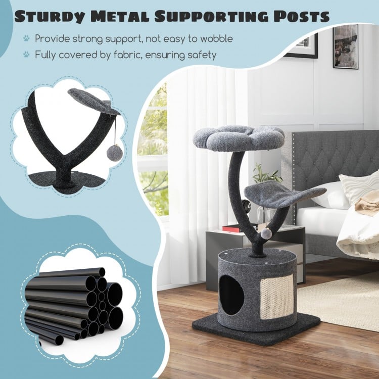 Curved perch and cozy top on a 35-inch gray cat tree with sturdy metal frame and sisal scratching board for playful.