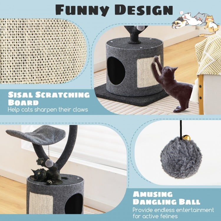 Cat tree featuring a cozy top perch, sisal scratching board, and dangling ball for playful feline entertainment.