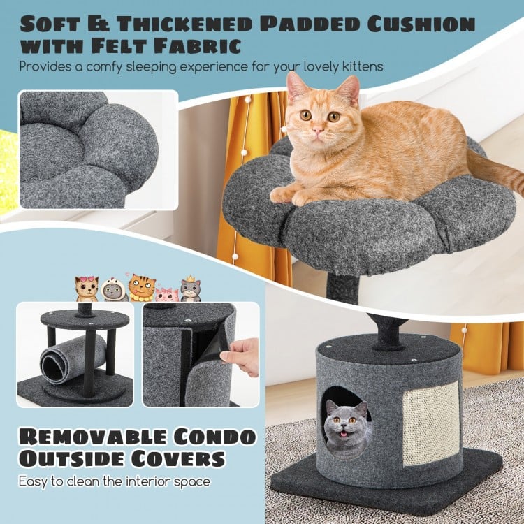 Cozy top perch with thick padded cushion and removable condo cover on a 35-inch gray cat tree for playful kittens.