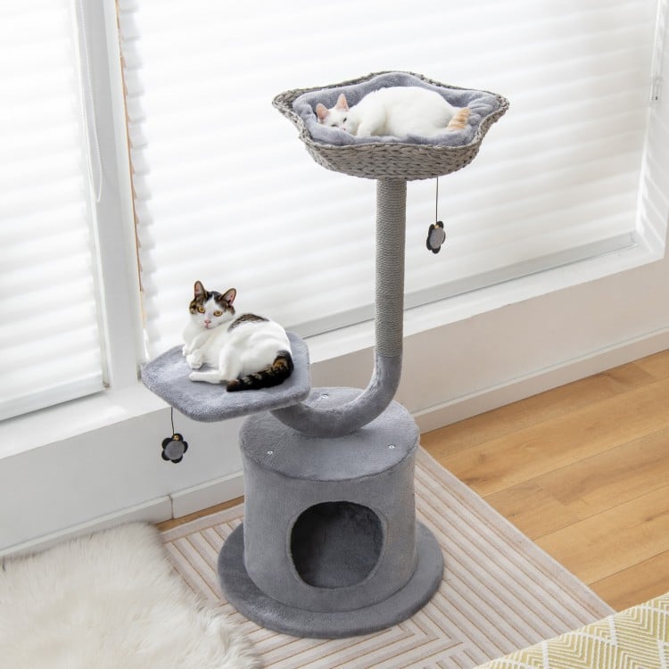 Three-tier gray cat tree featuring a cozy top perch, private condo, and sisal scratching board for playful relaxation.