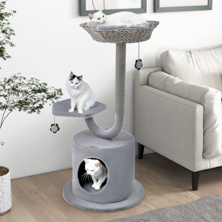 Three-tier gray cat tree featuring a cozy top perch, private condo, and sisal scratching board for playful cats.