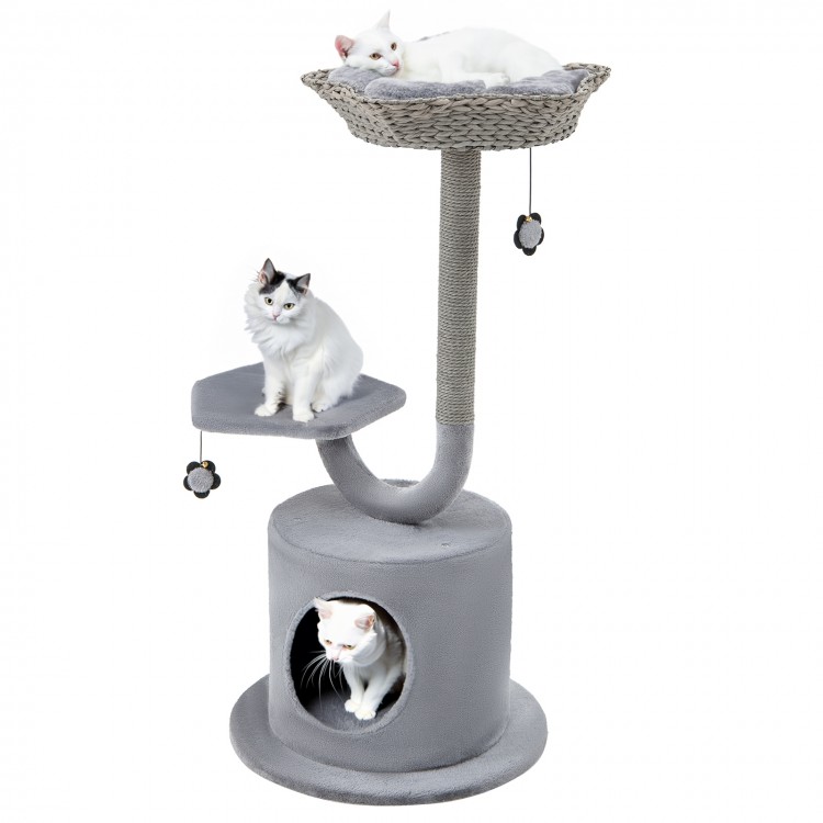 Three-tier gray cat tree with cozy top perch, private condo, and sisal scratching board for playful relaxation.