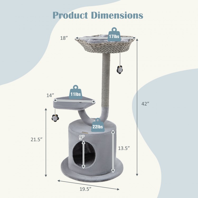 Dimensions of the 42-inch gray cat tree with cozy top perch, private condo, and sisal scratching board.