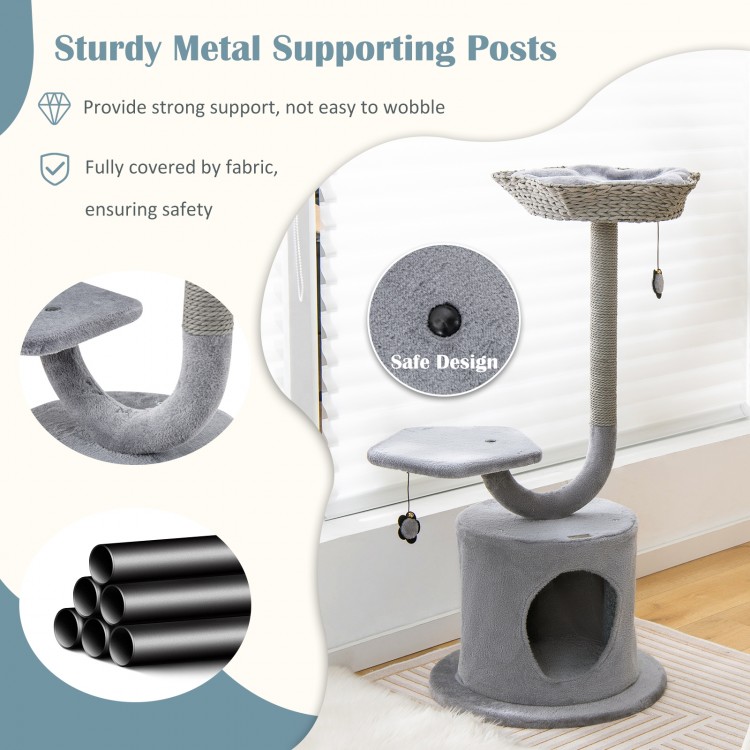 Curved metal cat tree with cozy top perch, private condo, and sisal scratching board for playful relaxation.