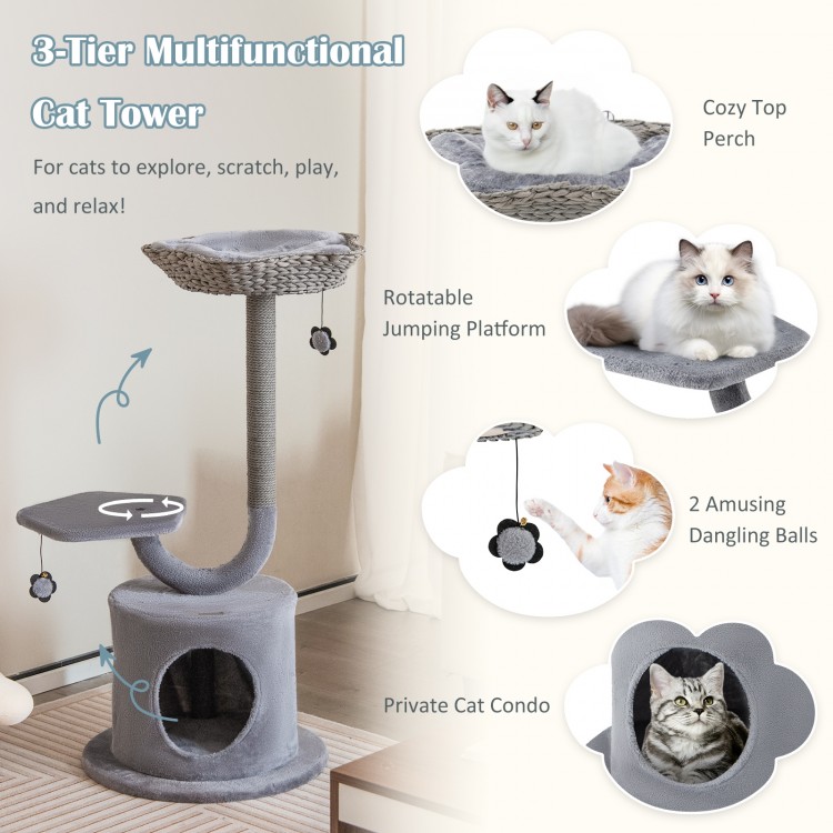 3-tier gray cat tower featuring a cozy top perch, private condo, and dangling balls for play and relaxation.